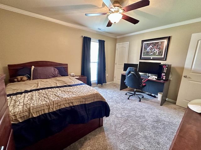  - bedroom featuring carpet floors, crown molding, an office area, ceiling fan, and baseboards