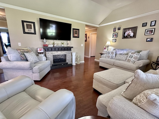  - living area with wood finished floors, ornamental molding, baseboards, vaulted ceiling, and a fireplace