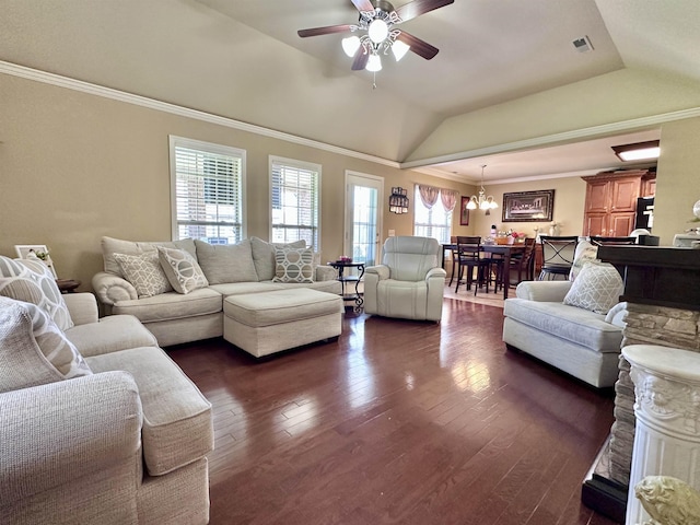  - living room with lofted ceiling, a ceiling fan, dark wood-style floors, and crown molding