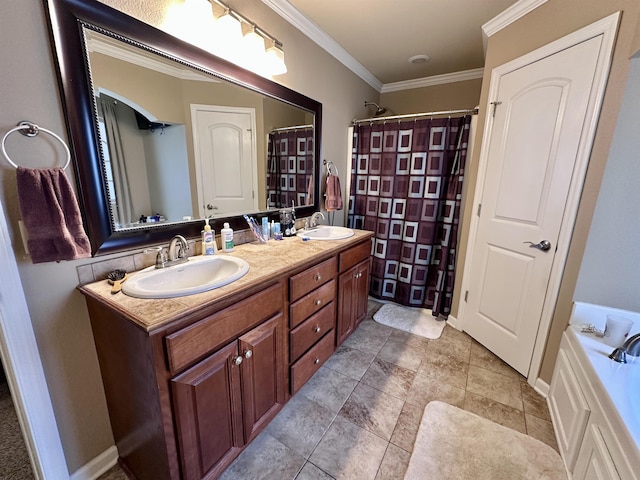  - bathroom featuring crown molding, double vanity, a shower with shower curtain, a bath, and tile patterned flooring