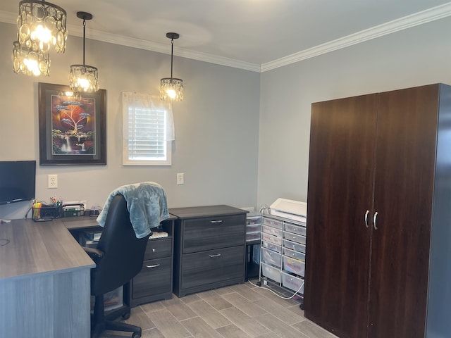  - office space featuring crown molding and wood finish floors