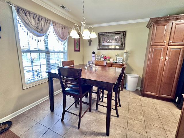  - dining area featuring crown molding, a chandelier, baseboards, and light tile patterned floors