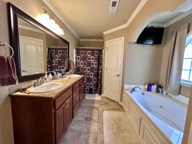  - full bathroom with a tub with jets, double vanity, ornamental molding, and a shower with curtain
