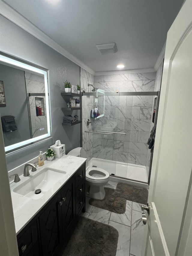  - full bath featuring marble look tile flooring, vanity, toilet, a marble finish shower, and ornamental molding