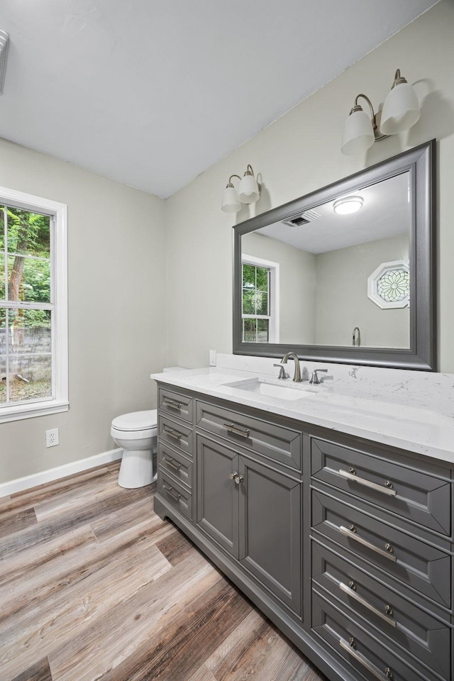 bathroom featuring wood-type flooring, vanity, and toilet