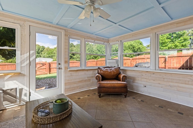  - sunroom featuring coffered ceiling and ceiling fan