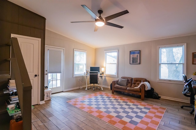 - office featuring wood finished floors, a ceiling fan, lofted ceiling, and ornamental molding