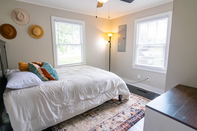 - bedroom with wood finished floors, electric panel, and a ceiling fan
