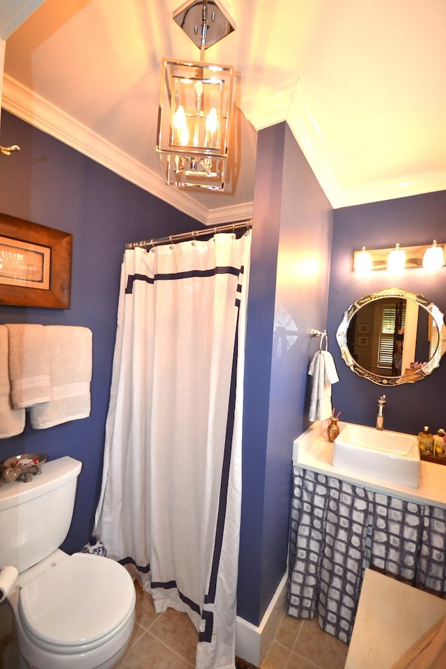 bathroom with sink, a chandelier, tile patterned flooring, ornamental molding, and toilet