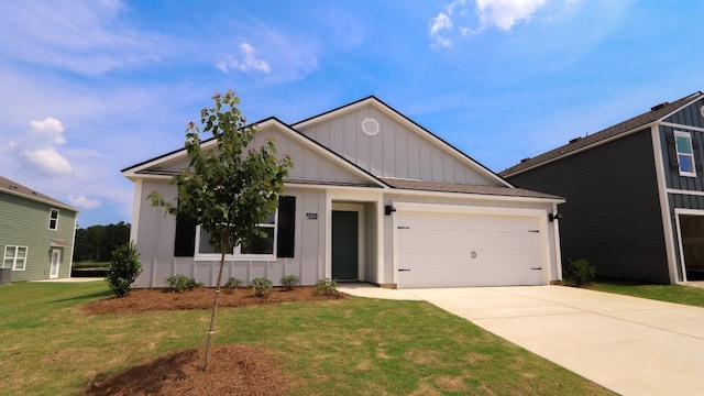  - ranch-style home featuring board and batten siding, an attached garage, concrete driveway, and a front yard