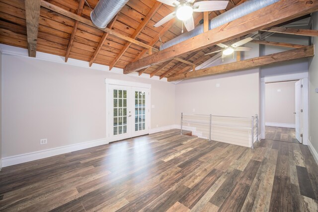 empty room with french doors, dark hardwood / wood-style flooring, ceiling fan, and beam ceiling