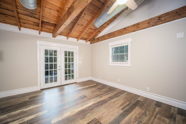 unfurnished room featuring ceiling fan, french doors, wooden ceiling, dark wood-type flooring, and lofted ceiling with beams