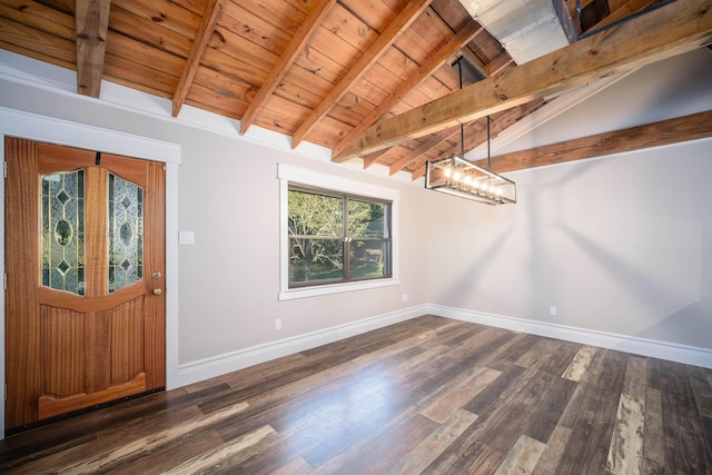 foyer featuring lofted ceiling with beams, dark hardwood / wood-style flooring, and wooden ceiling