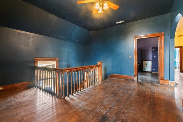 bonus room featuring hardwood / wood-style flooring, vaulted ceiling, and ceiling fan