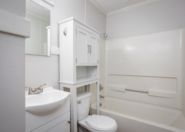 full bathroom with a textured ceiling, ornamental molding, toilet, and shower / bath combination