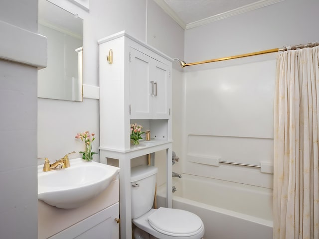 full bathroom with ornamental molding, vanity, shower / bath combo with shower curtain, and toilet