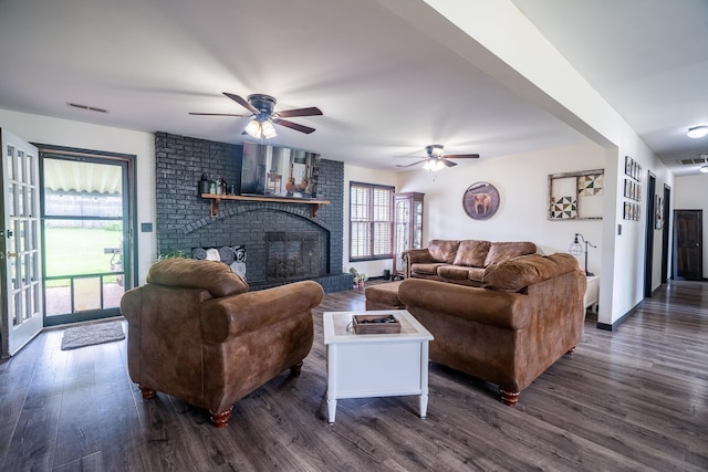  - living room featuring dark wood-style floors, ceiling fan, and plenty of natural light