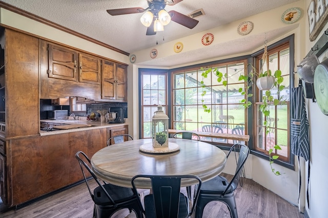  - dining room with a textured ceiling, wood finished floors, and a ceiling fan