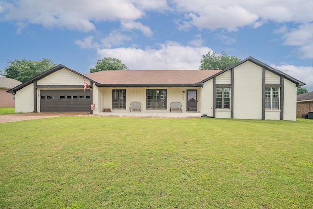 - single story home with a garage, dirt driveway, and a front lawn