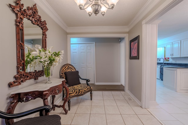 interior space featuring light tile patterned flooring, ornamental molding, and a chandelier