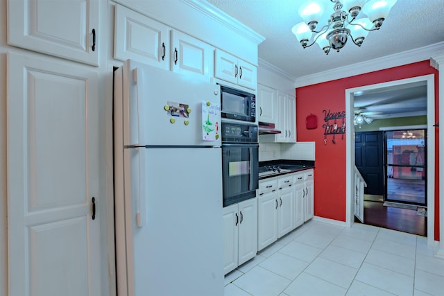 kitchen with white cabinetry, crown molding, and black appliances