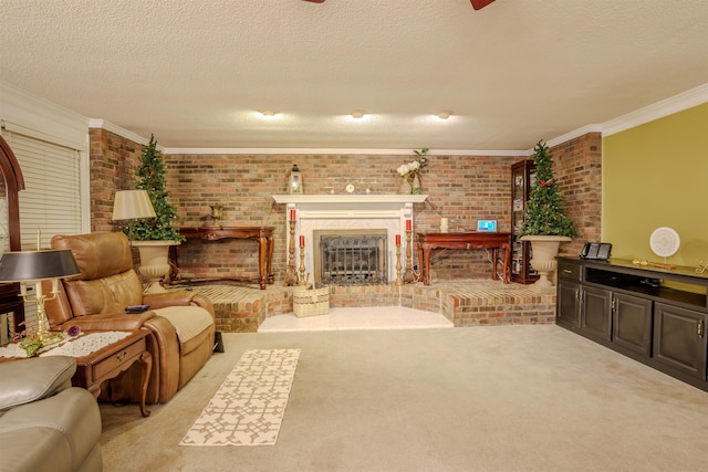 living room featuring light colored carpet, a fireplace, ornamental molding, and a textured ceiling