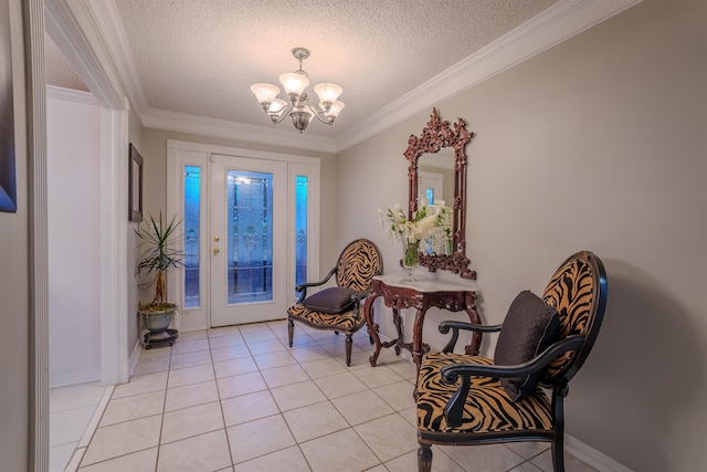 sitting room with ornamental molding, light tile patterned floors, a textured ceiling, and a chandelier