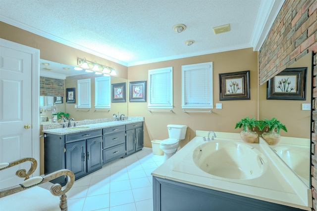 bathroom featuring a washtub, tile patterned flooring, vanity, ornamental molding, and a textured ceiling