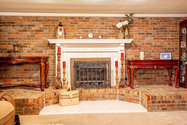 living room featuring crown molding, a brick fireplace, carpet floors, and a textured ceiling