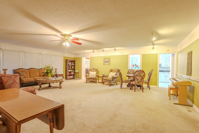 carpeted living room with rail lighting, ceiling fan, and a textured ceiling