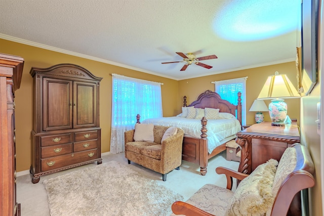 carpeted bedroom with multiple windows, crown molding, and a textured ceiling