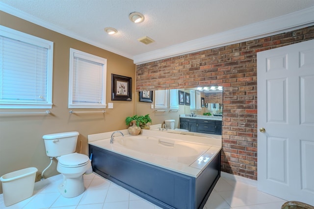 bathroom with tile patterned floors, a textured ceiling, and brick wall