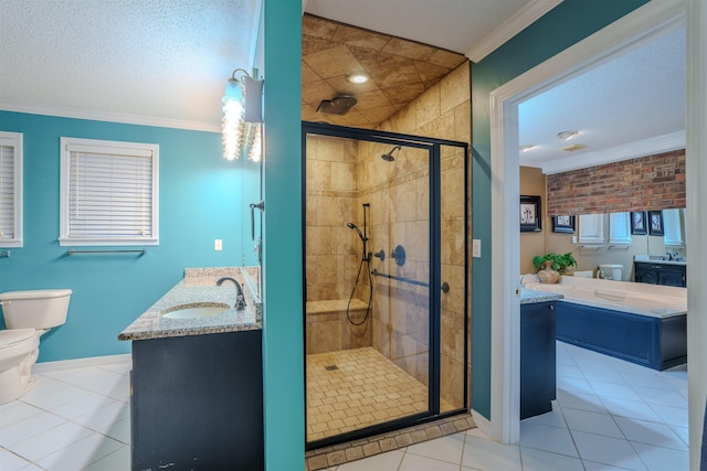 bathroom with tile patterned floors, toilet, an enclosed shower, ornamental molding, and vanity