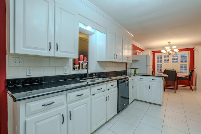 kitchen with dishwasher, ornamental molding, sink, and white cabinets