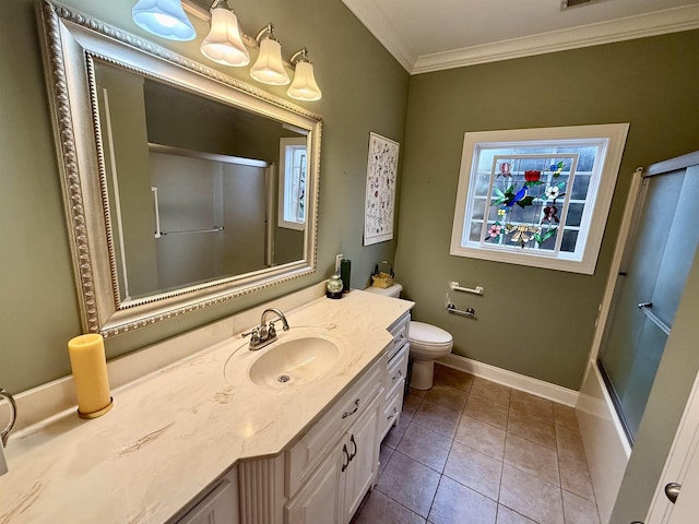 full bathroom featuring shower / bath combination with glass door, tile patterned flooring, ornamental molding, vanity, and toilet