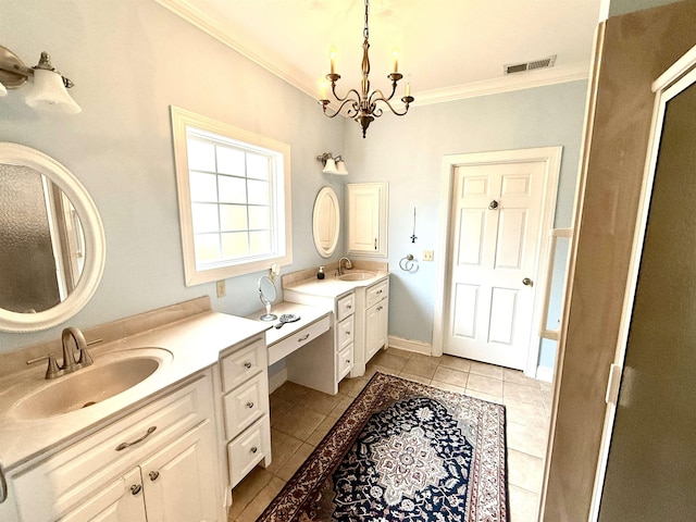 bathroom featuring crown molding, tile patterned floors, vanity, and a notable chandelier