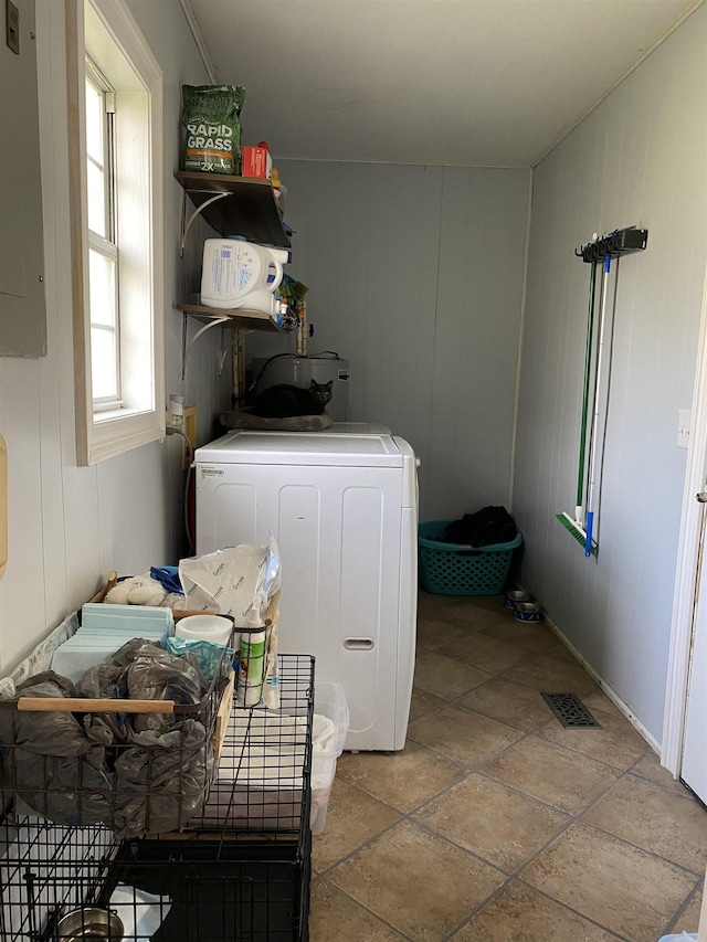 clothes washing area with washer / dryer, electric panel, and wooden walls