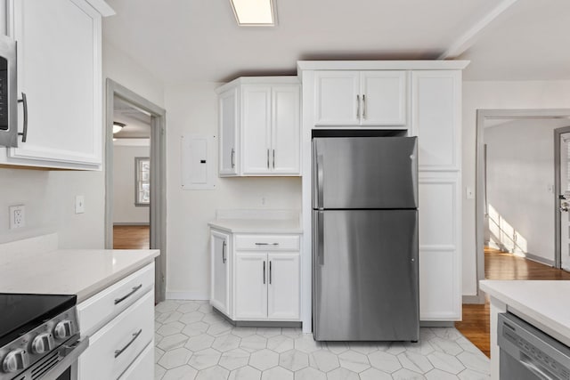 kitchen with appliances with stainless steel finishes, electric panel, and white cabinets