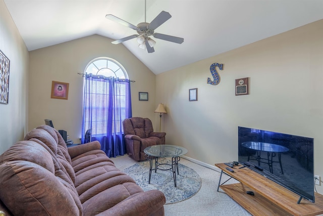  - carpeted living area featuring a ceiling fan and lofted ceiling