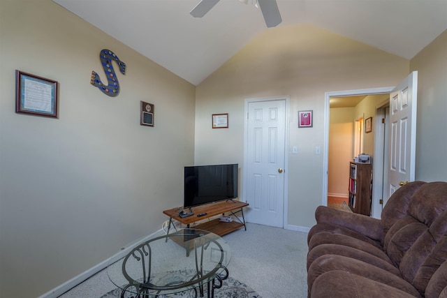  - carpeted living room with ceiling fan and vaulted ceiling