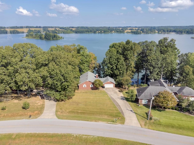 drone / aerial view featuring a water view