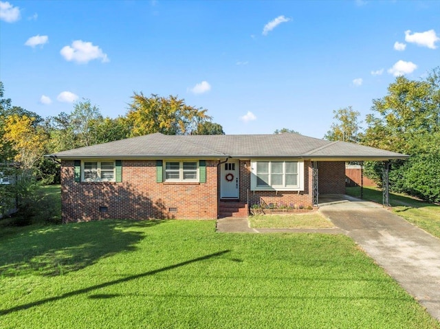 ranch-style house with a front lawn and a carport