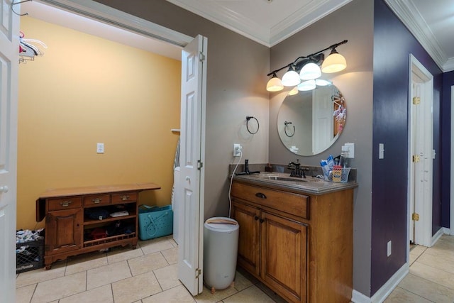 bathroom with tile patterned flooring, vanity, and crown molding