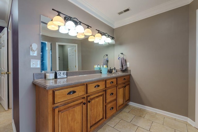 bathroom featuring tile patterned flooring, vanity, and ornamental molding