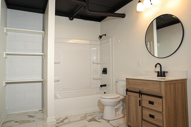 full bath with vanity, toilet, tub / shower combination, and marble finish floor