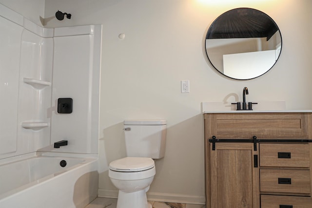 full bathroom featuring vanity, baseboards, shower / bath combination, toilet, and marble finish floor