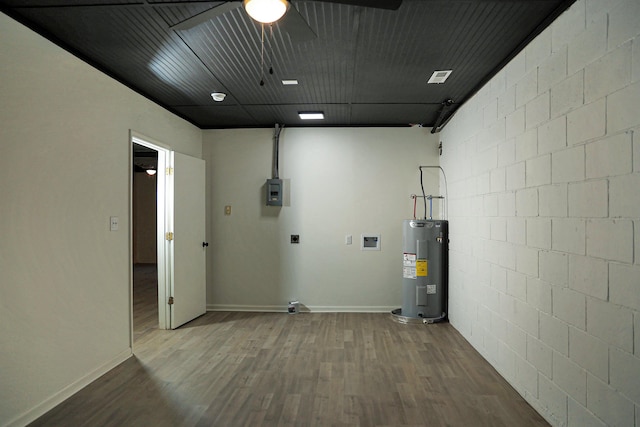 laundry room featuring electric panel, wood finished floors, water heater, and ceiling fan