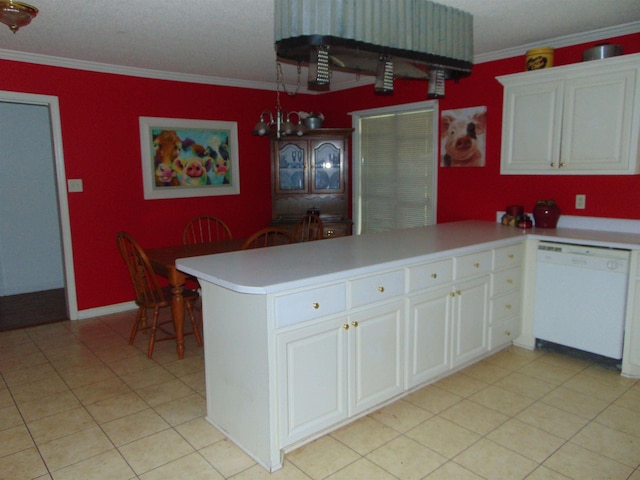 kitchen with white cabinets, crown molding, kitchen peninsula, and white dishwasher