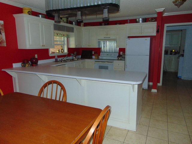 kitchen featuring kitchen peninsula, white appliances, crown molding, white cabinetry, and light tile patterned flooring