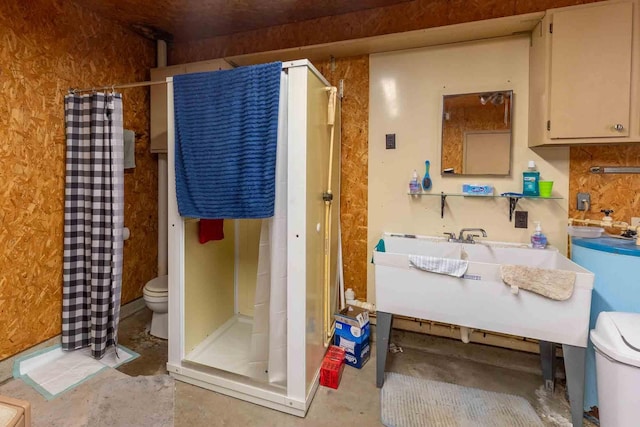 full bathroom with toilet, unfinished concrete flooring, and a shower stall